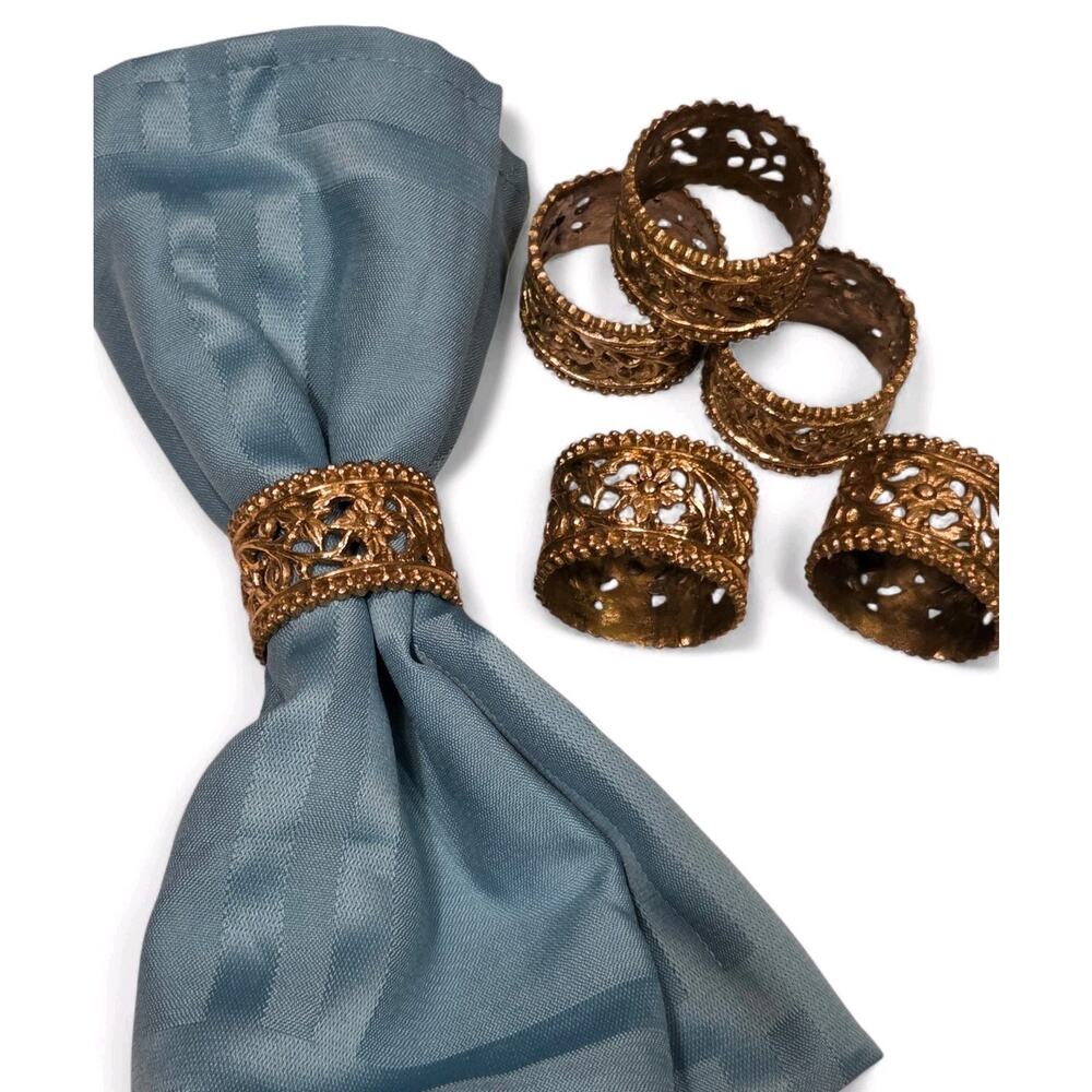 Vintage Boho MCM 2" Brass Floral Filigree Napkin Rings Set of 6 EUC Décor